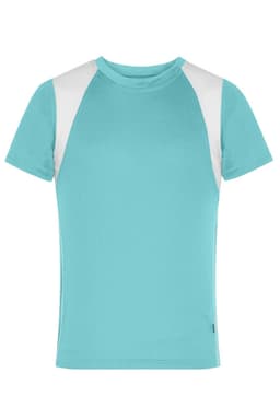 A turquoise t-shirt with white shoulder panels and a logo on the side. Suitable for junior sizes.