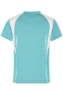 A light blue t-shirt with white accents and a logo, featuring a simple round neckline and short sleeves.