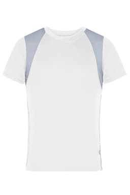 A white T-shirt with grey accents on the shoulders, featuring a logo near the hem. Suitable for active wear.