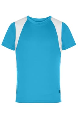 A teal t-shirt with white accents on the shoulders, featuring a logo on the hem.
