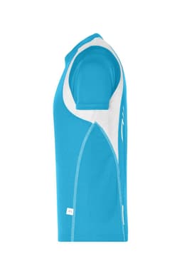 A turquoise T-shirt with white accents and a logo on the side, designed for youth.