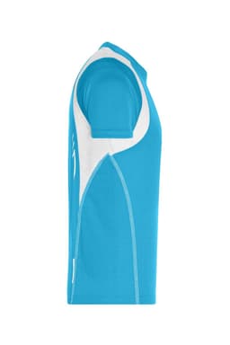 A turquoise t-shirt with white accents and a logo, featuring a short-sleeve design.