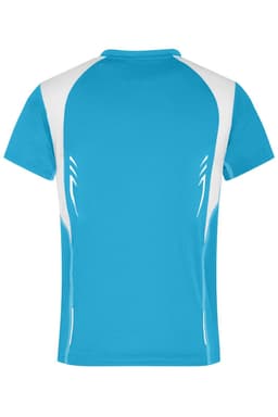 A blue and white sports t-shirt with a logo on the back. Suitable for active wear.