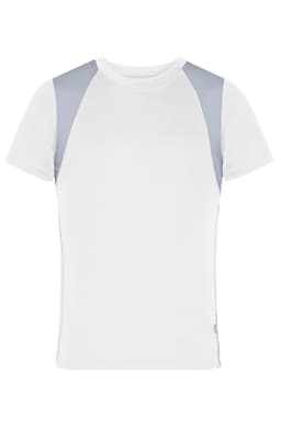 A white T-shirt featuring grey accent panels on the shoulders and a logo.