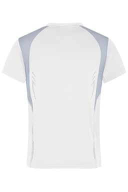 A white T-shirt with light grey accents on the shoulders and back, featuring a logo.