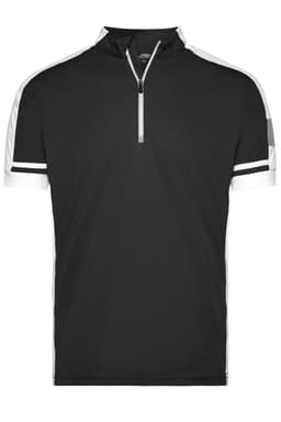 A black half-zip T-shirt featuring white stripe accents on the shoulders and sleeves. It has a small collar and a branding logo.