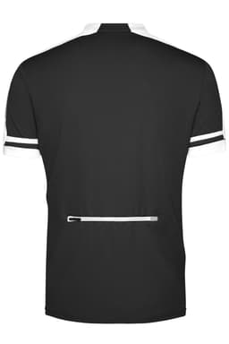 A black half-zip men's bike shirt featuring white accents and a zippered back pocket.