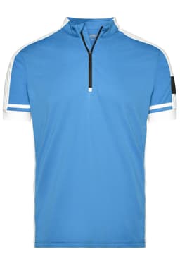 A blue half-zip cycling shirt with white sleeves and a small logo.