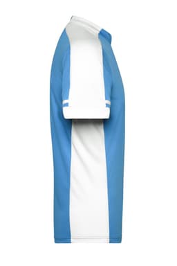 A side view of a light blue and white men's T-shirt with a half zip, featuring a logo on the fabric.