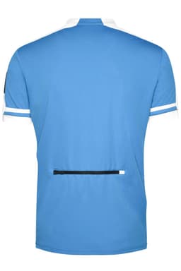 A blue men's half-zip bike shirt with white accents and a rear zip pocket. Features a logo on the sleeve.