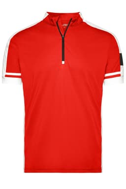 A red men's bike half zip shirt featuring white accents on the sleeves and a small logo on the side.