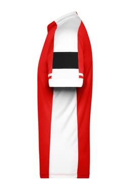 A red and white half-zip men's t-shirt with a black stripe on the sleeve and a logo.