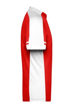A side view of a men's half-zip shirt in red and white, featuring short sleeves and a logo.