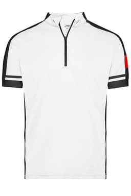 A white half-zip t-shirt with black accents and a red detail on the sleeve, featuring a logo.