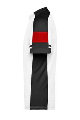 A half-zip men's t-shirt in white, black, and red, featuring a logo on the side.