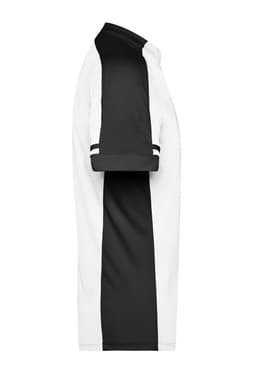 A men's half-zip T-shirt featuring black and white panels and a logo. The shirt has a sporty design and short sleeves.