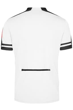 A white half-zip shirt with black and red accents, featuring a back zip pocket and a logo.