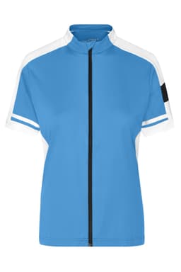 A blue and white full zip cycling shirt with a collar and black accents. It features a branding logo.