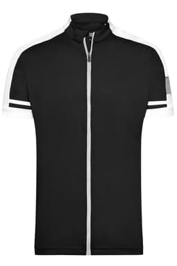 A black full zip shirt with white and grey accents, featuring a collar and a zip closure. Includes a branding logo.