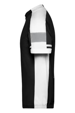 A men's bike full zip shirt in black and white with contrast stripes and a logo.