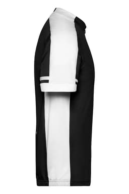 A black and white short-sleeved shirt with a full zip, featuring contrasting sleeve designs and a logo.