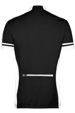 A black and white men's bike jersey featuring a full zip and a back pocket, with a logo present.