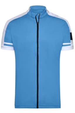 A men's short-sleeve full zip shirt in blue with white stripes on the sleeves and a logo on the side.