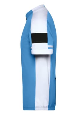 A short-sleeved bike jersey in blue and white, featuring a black accent and a logo.