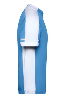 A men's short-sleeve bike shirt in blue and white with a logo on the side.
