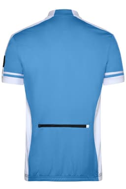 A men's full zip shirt in light blue and white, featuring a back zip pocket and a logo.