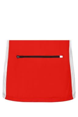 A red and white short-sleeved shirt with a zippered pocket on the front and a logo.