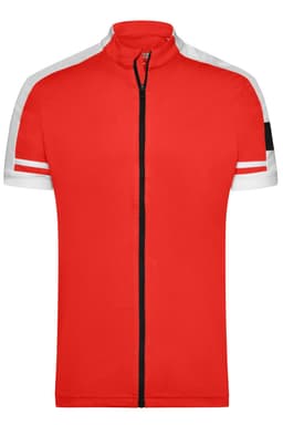 A red full zip shirt with white and black accents and a logo on the sleeve.