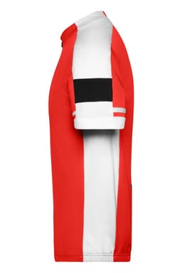 A red and white full zip shirt, featuring black accents on the sleeves and a logo.