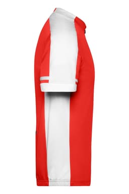 A red and white bike shirt featuring a full zip and short sleeves, with a logo on the front.