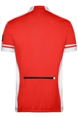 A red and white men's cycling shirt with a full zip and a back pocket. The shirt features contrasting sleeve details and a logo.