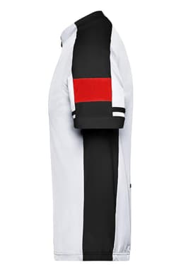 A men's full zip shirt in white, black, and red with a logo on the chest. Features bold colour block design.