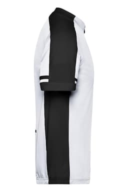 A side view of a men's full zip shirt featuring black and white colours, with a logo on the chest.