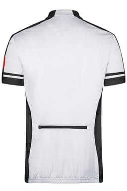 A white full zip shirt with black accents and a pocket on the back. Features a logo on the sleeve.