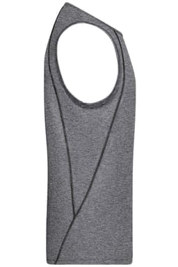 A grey men's sports tank top with a unique cut design and a logo on the fabric.