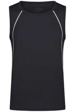A black men's sports tank top featuring contrasting piping and a logo.