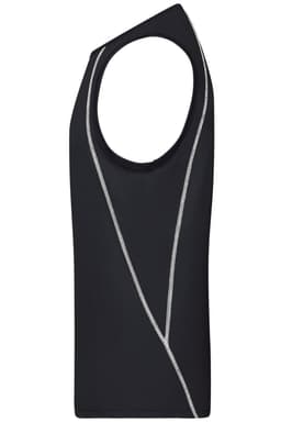 A black men's sports tank top featuring contrasting grey trim and a logo. Designed as a sleeveless singlet.