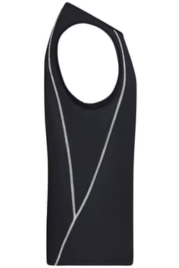 A black men's sports tank top with a sleeveless design and grey accent lines. It features a logo.