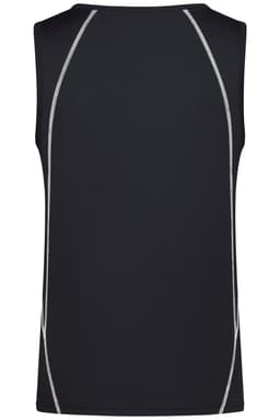 A black men's sports tank top featuring contrasting white stitching and a simple design. Includes a logo.