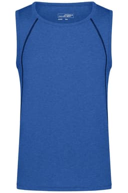 A blue men's sports tank top with a crew neck and contrasting side seams. It features a simple logo.
