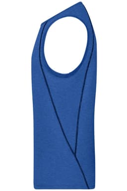 A blue men's sports tank top with a unique sleeveless design and a logo on the front.