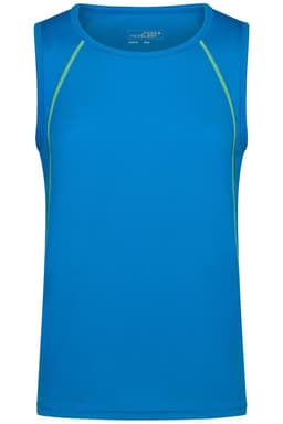 A men's sports tank top in bright blue with green accents, featuring a logo on the front.
