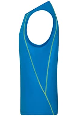 A blue men's sports tank top with a green accent line and a logo. The design features a sleeveless cut.