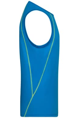 A men's sports tank top in bright blue with green detailing and a sleeveless design. It features a branding logo.