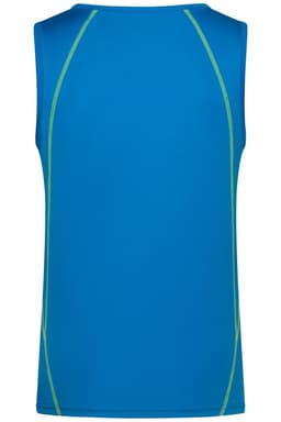 A blue men's sports tank top with green detailing along the seams and a branding logo.