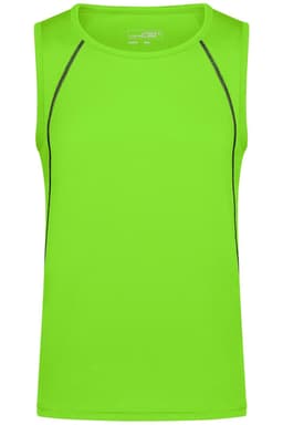 A men's sports tank top in bright green with contrasting grey stitching and a logo.